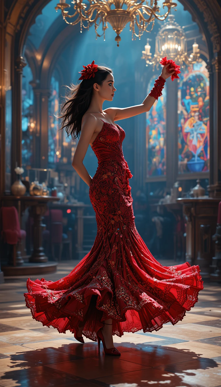 Young woman in red flamenco dress dancing indoors