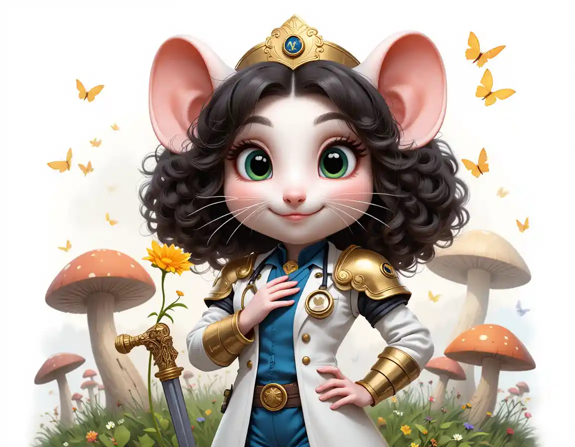 Armored white mouse holding a flower in fantasy forest