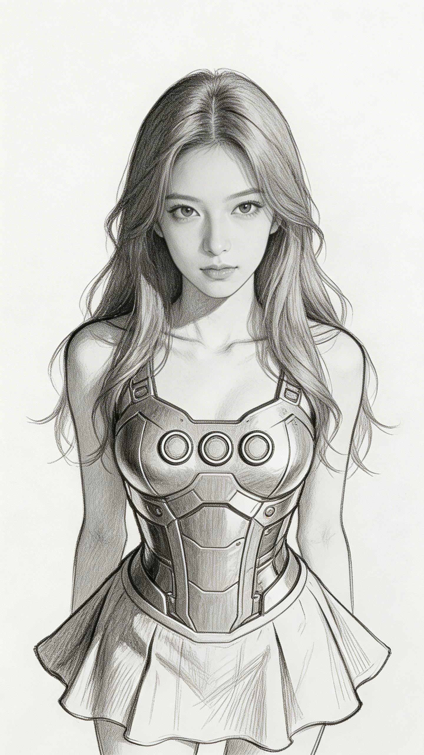 Portrait au crayon d’une fille en armure au regard calme et direct