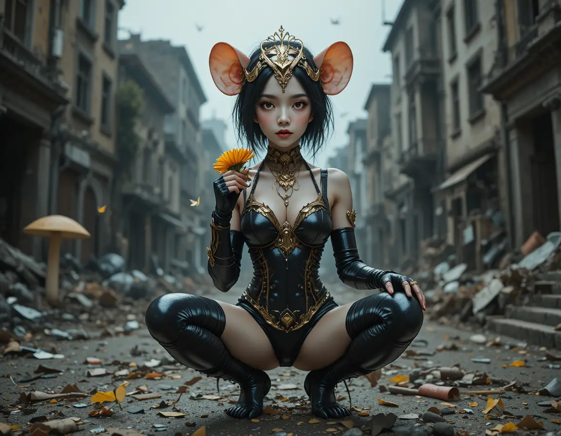 Armored white mouse holding a flower in fantasy forest