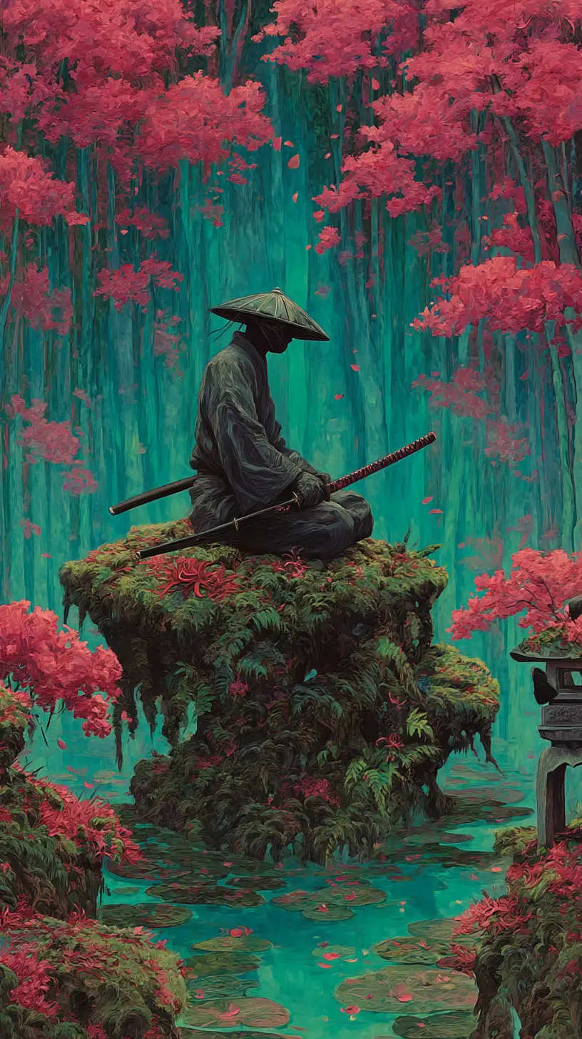 Lone samurai meditating by still teal forest water