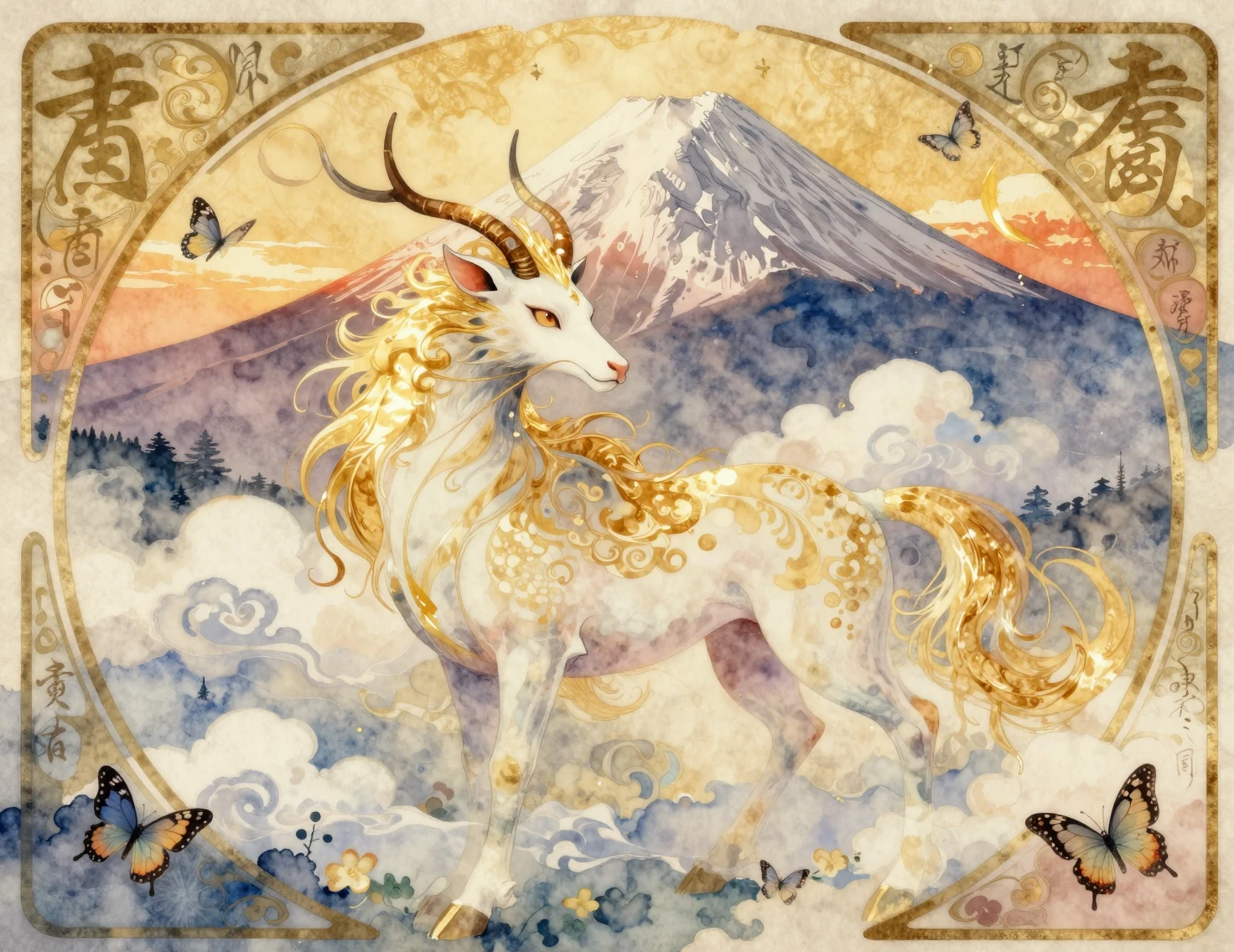 夢幻的な水彩画の富士山と神話の麒麟