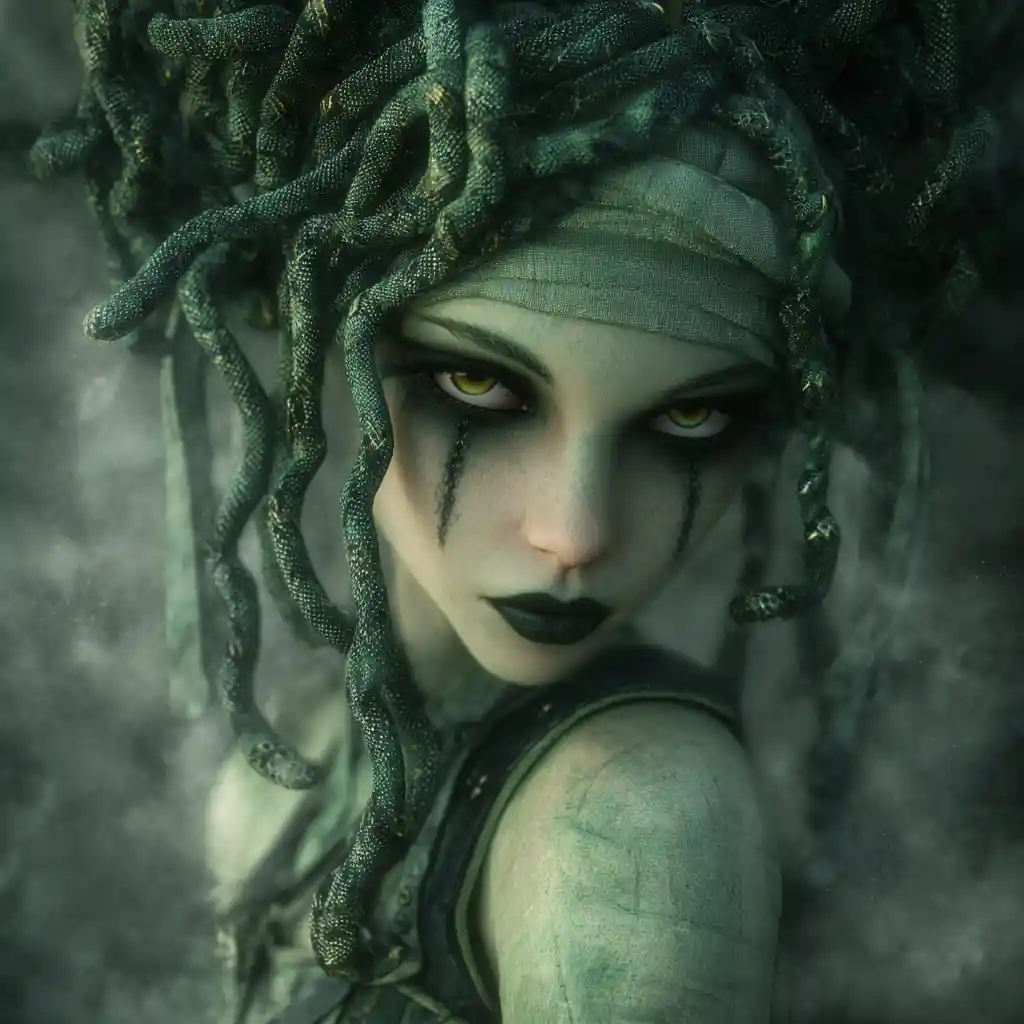 Gros plan d’une femme triste aux cheveux de serpents avec un poulain pégase