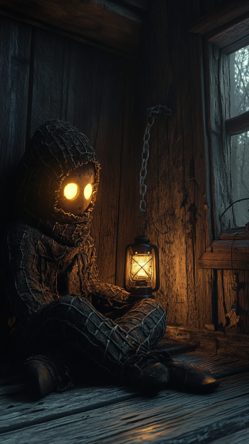 Lantern headed figure glowing softly in a dark wooden room
