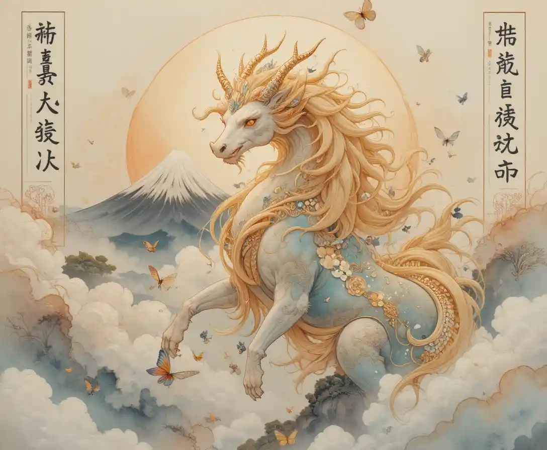 Kirin mitico davanti al Monte Fuji in un sogno ad acquerello