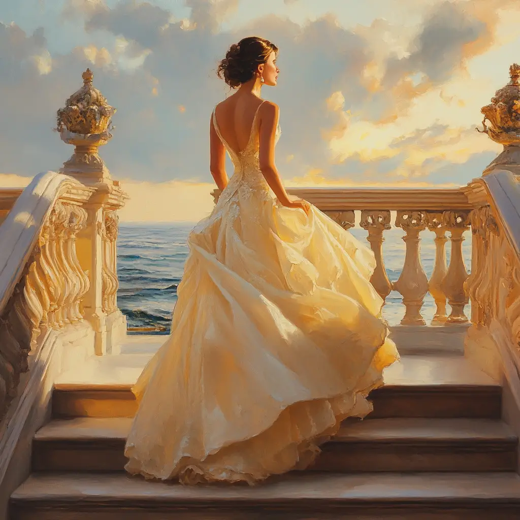 Elegant woman on grand staircase in warm evening light