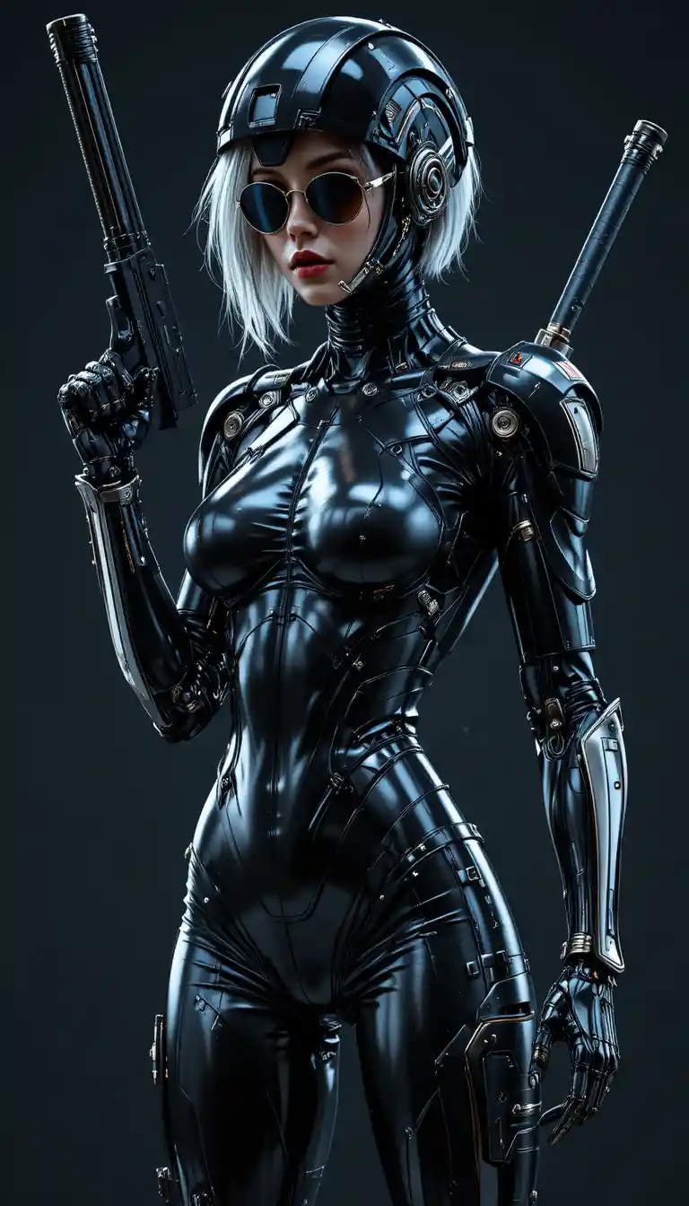 Futuristic cyborg woman in black suit with weapons