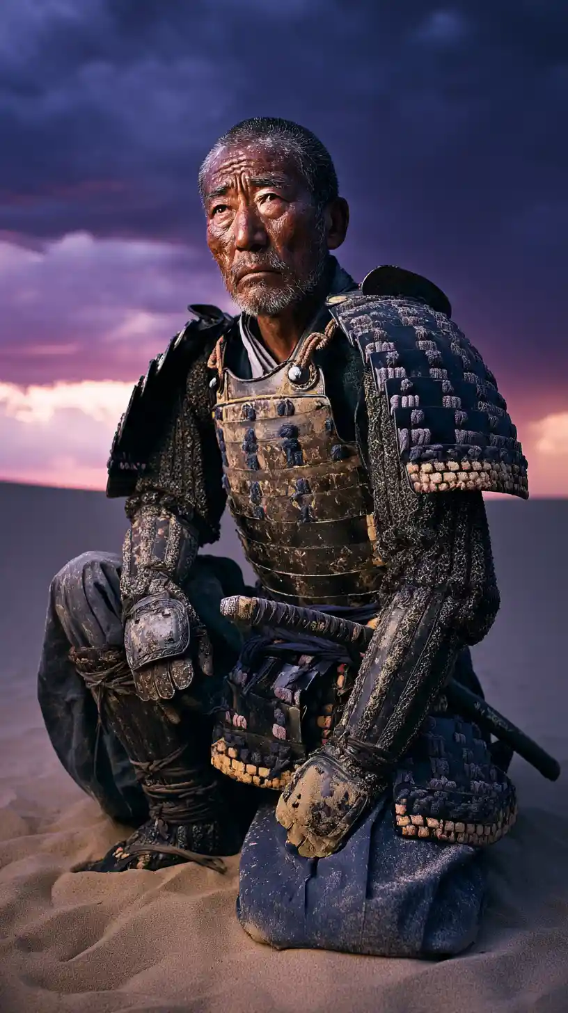 Samurai esausto si inginocchia nella sabbia al crepuscolo dopo la battaglia