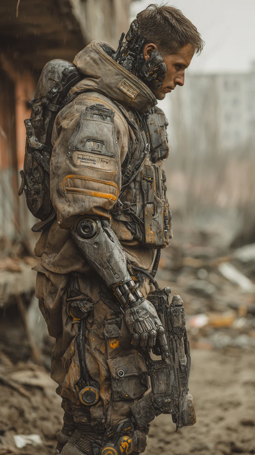 Soldato cyborg cecchino tra le rovine di una città russa distrutta