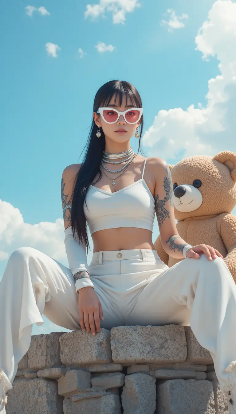 Tattooed woman in white outfit sitting with teddy bear