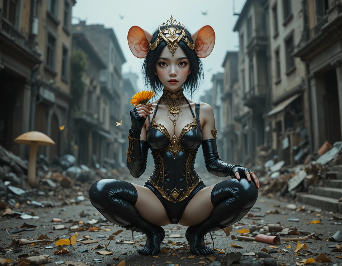 Armored white mouse holding a flower in fantasy forest