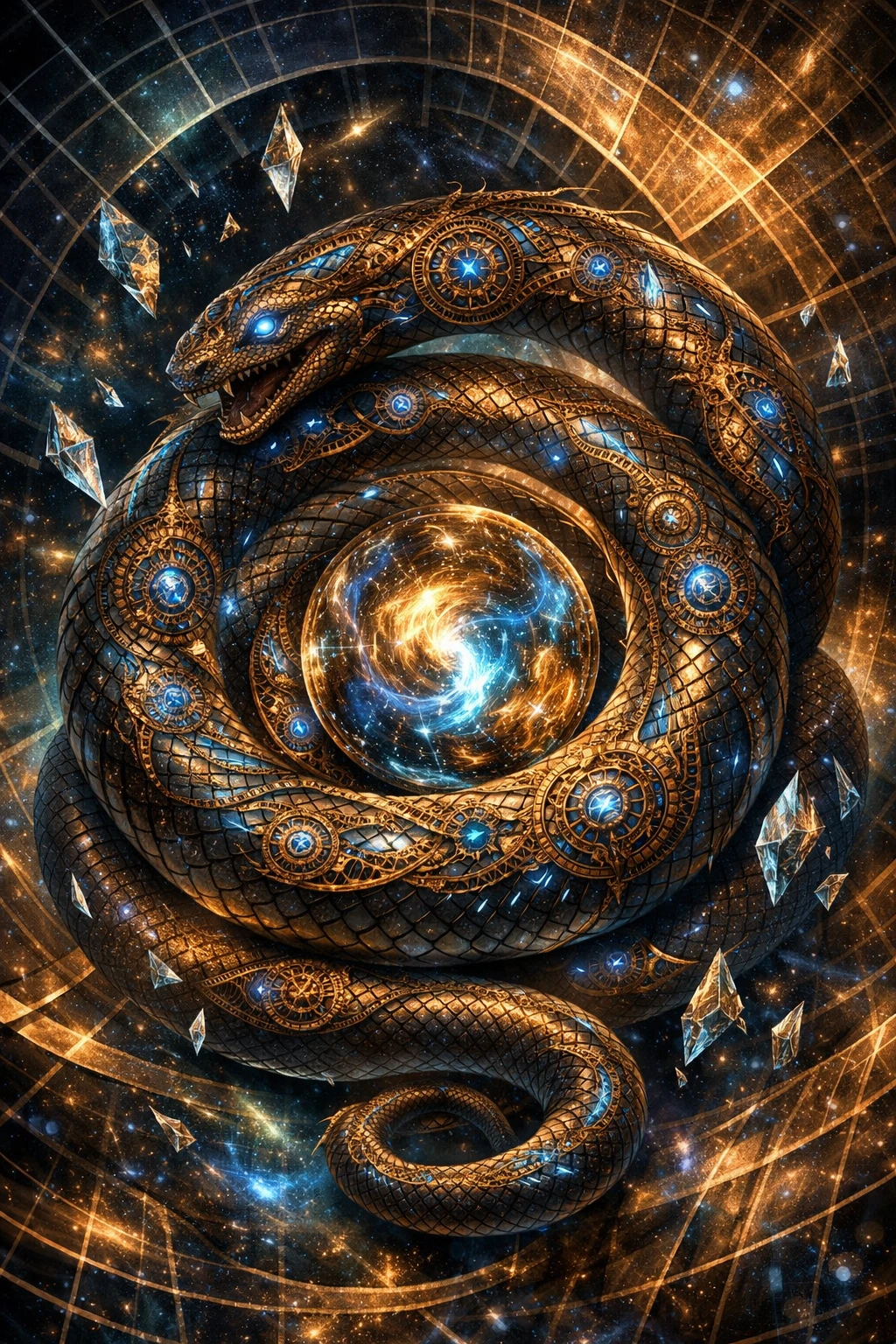 Serpent cosmique enroulé autour d’un orbe temporel lumineux