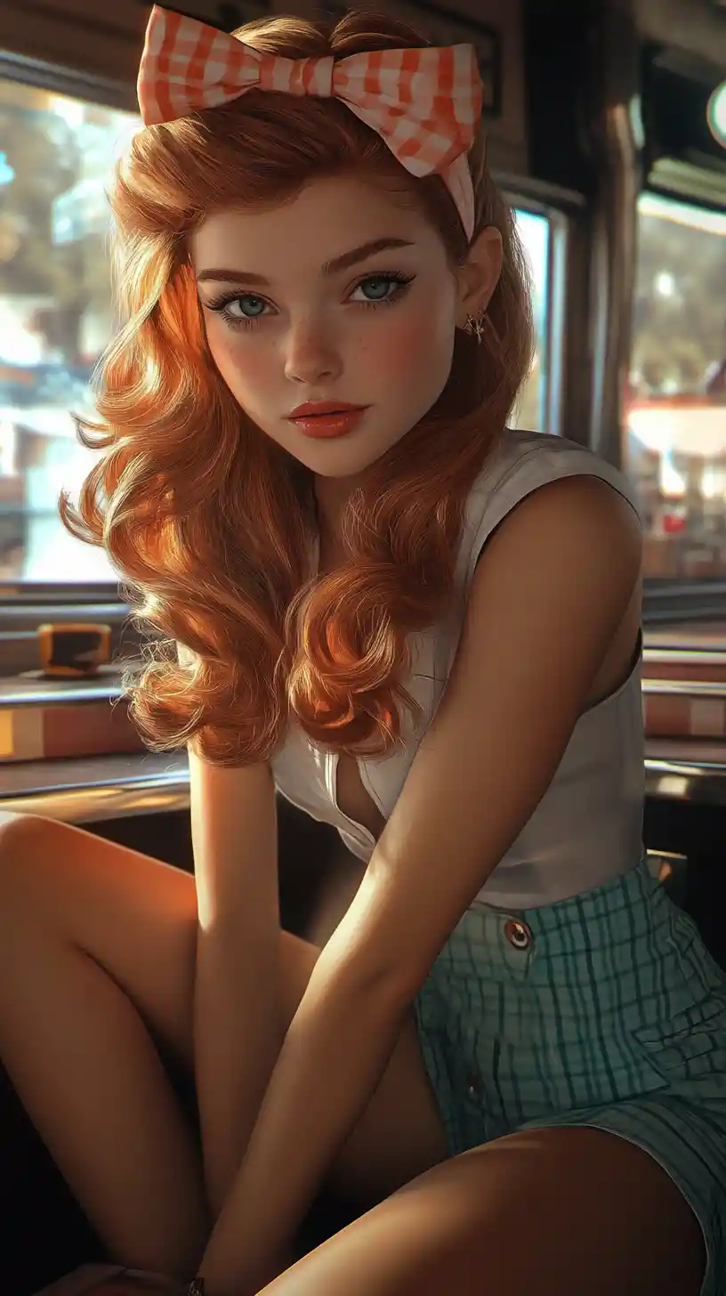 Rockabilly girl crouching playfully in a retro diner