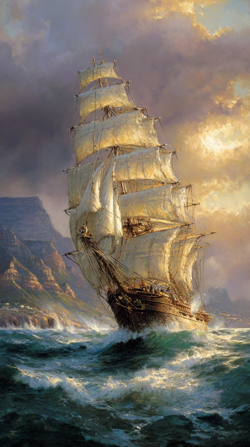 Majestic clipper ship battling waves near Cape Point
