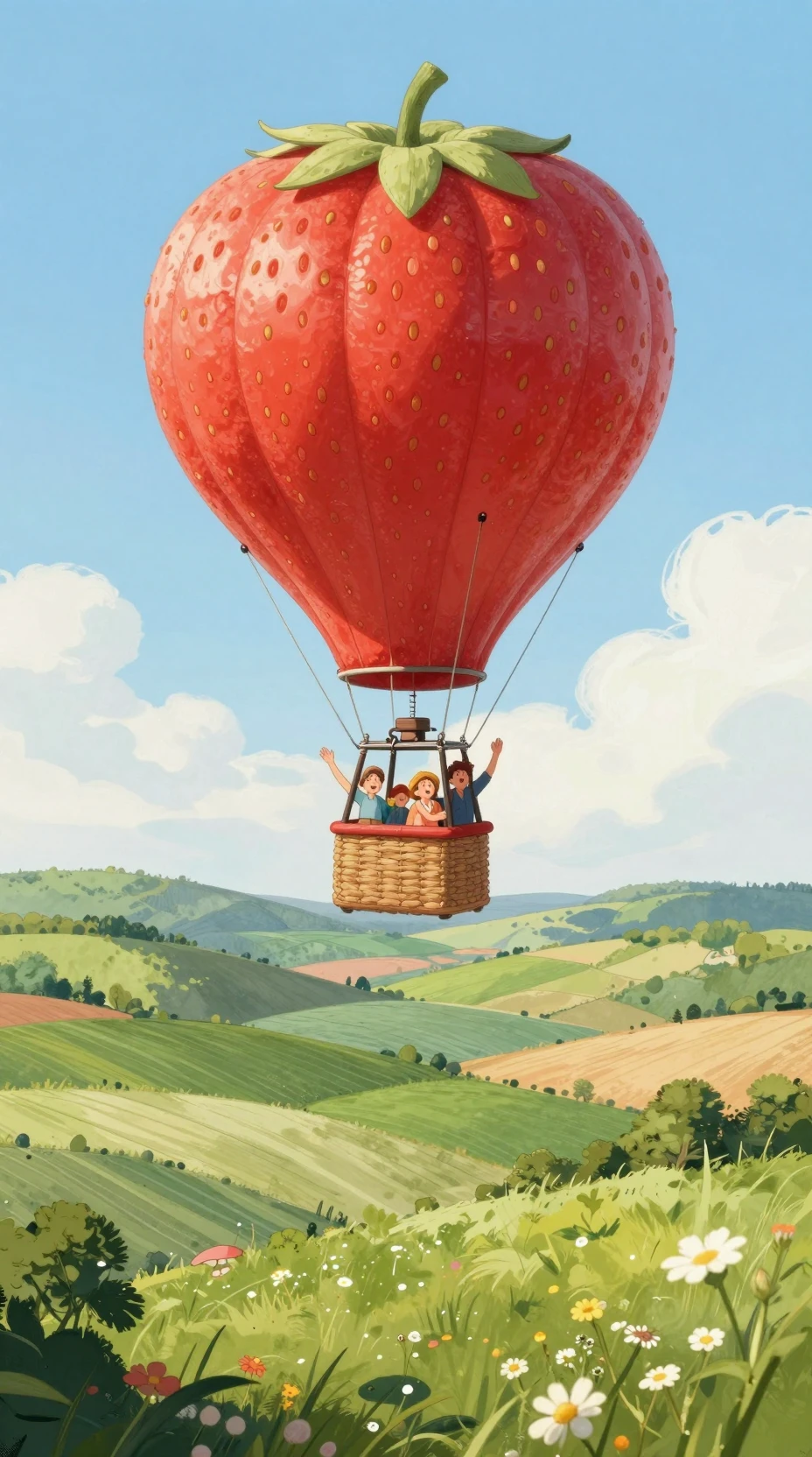 Strawberry hot air balloon drifting above green patchwork hills