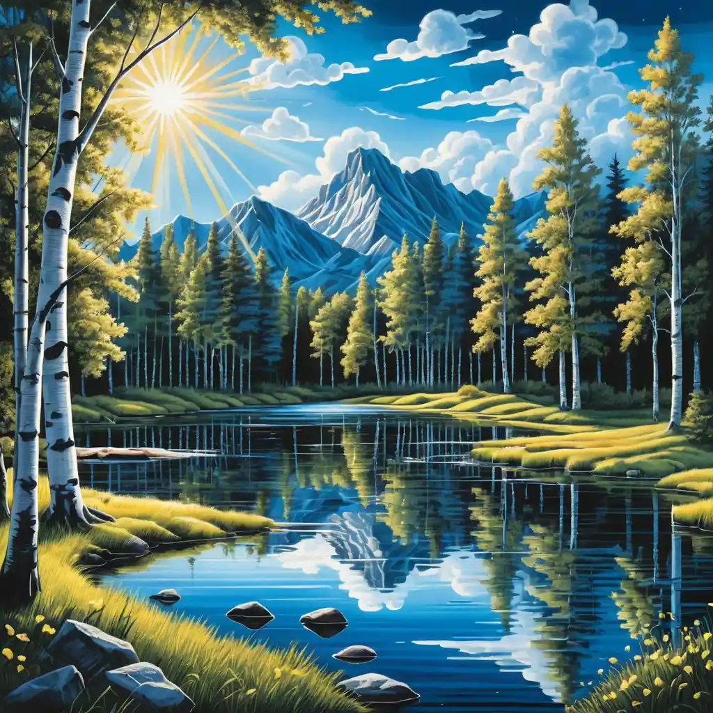 Sommerlicher Waldsee mit Birken und hellem Sonnenlicht