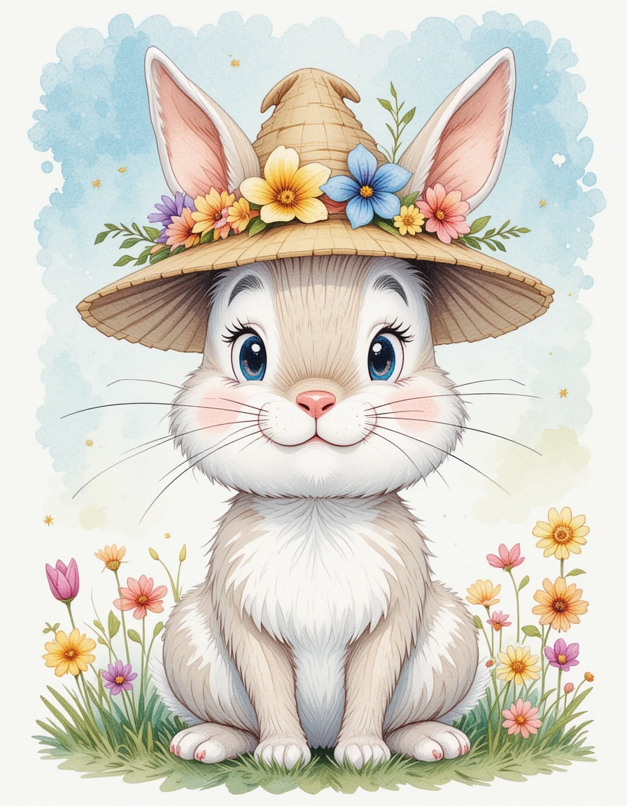 Coelhinho fofo usando chapéu de flores de primavera em estilo aquarela