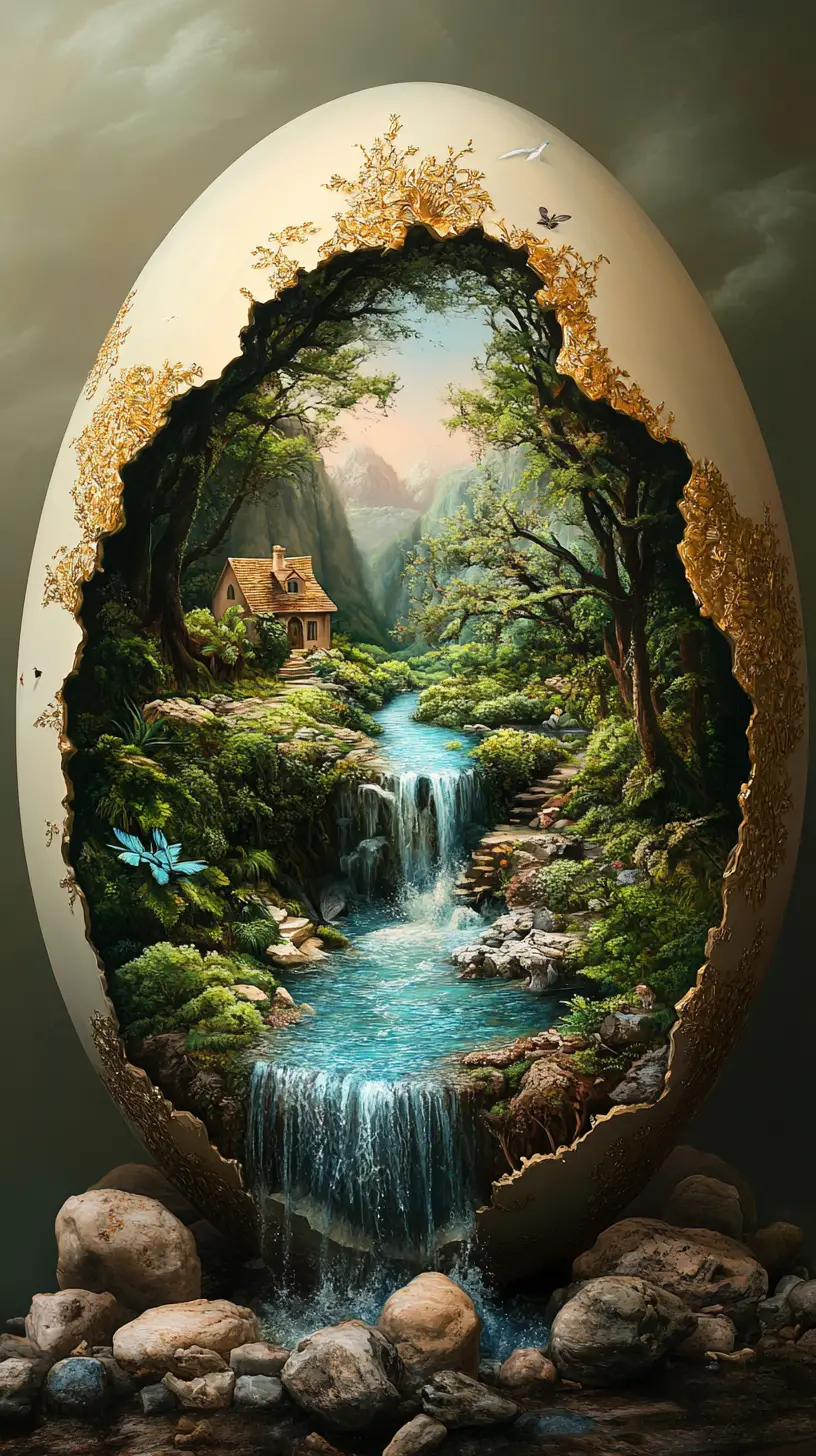 Fantasy valley landscape inside a decorative egg shell