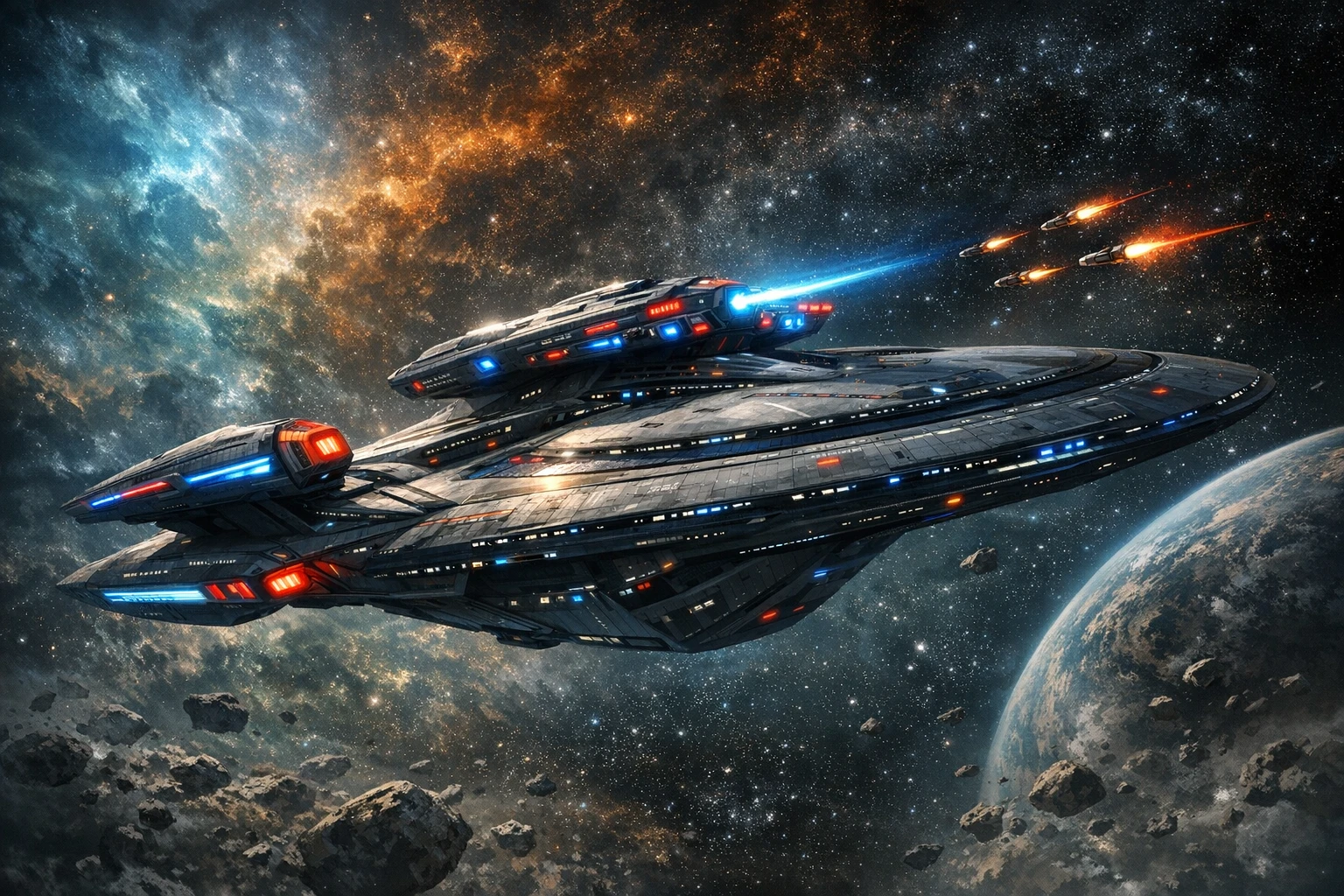 荘厳な指令ドレッドノート級宇宙戦艦が深宇宙を航行する光景