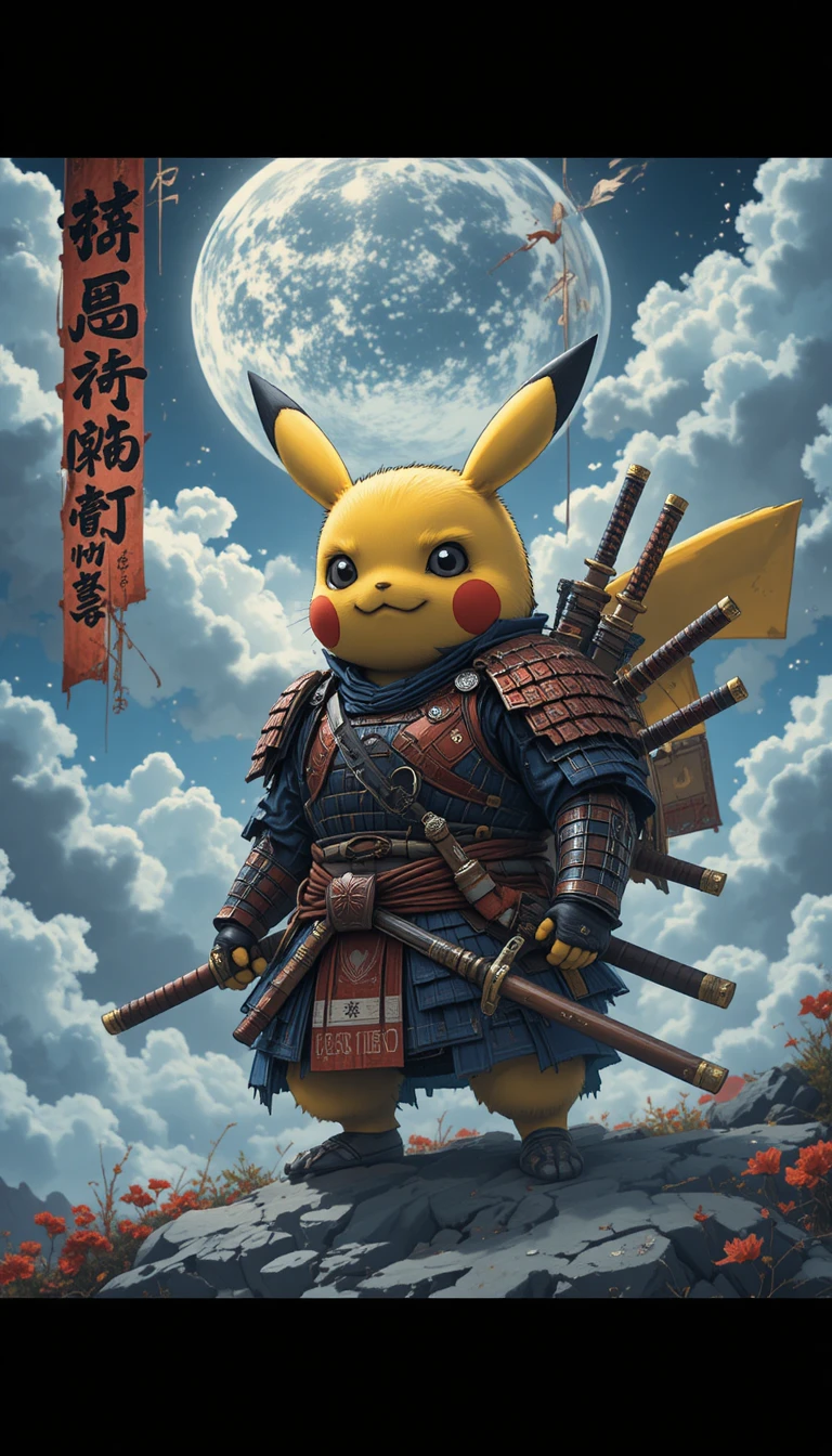 Samurai Pikachu warrior under a dramatic moonlit sky