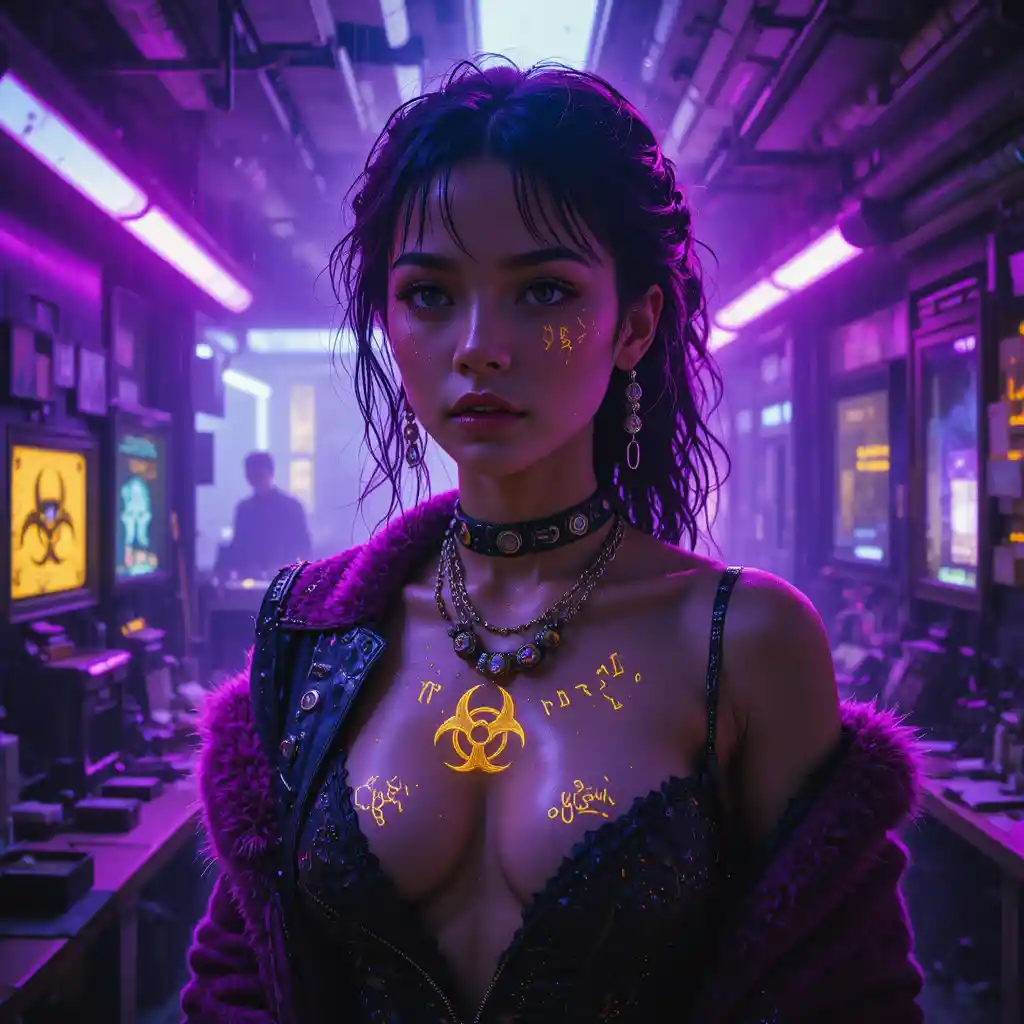 Cinematic woman behind cracked lab glass in glowing light