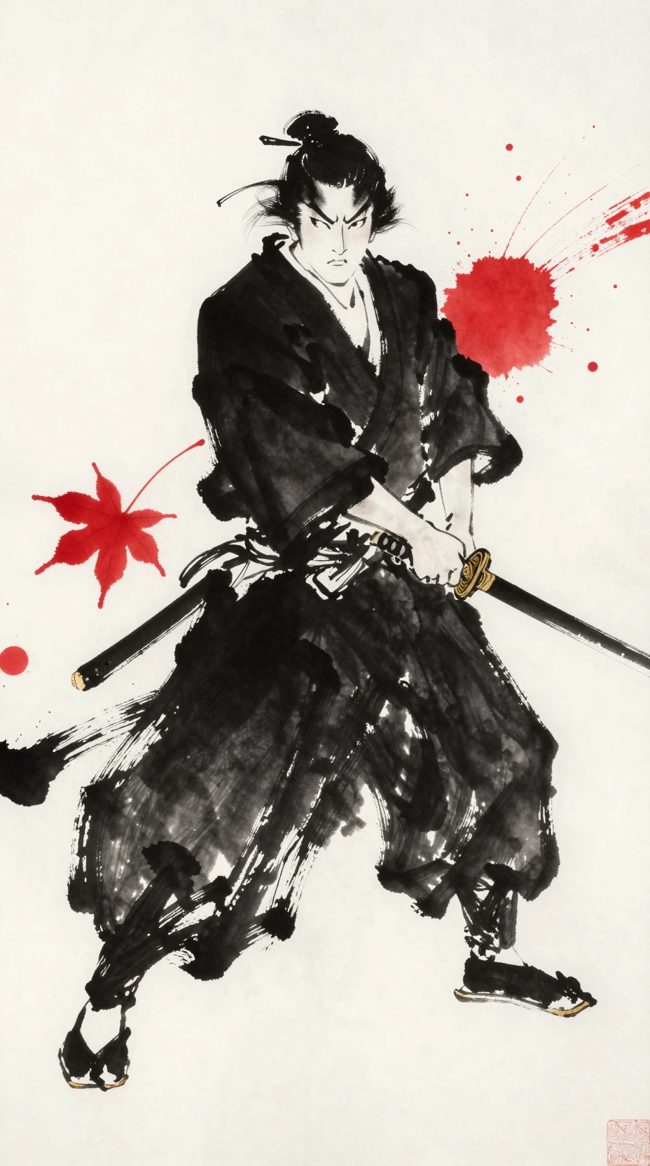 Fierce samurai portrait in bold sumi e ink motion