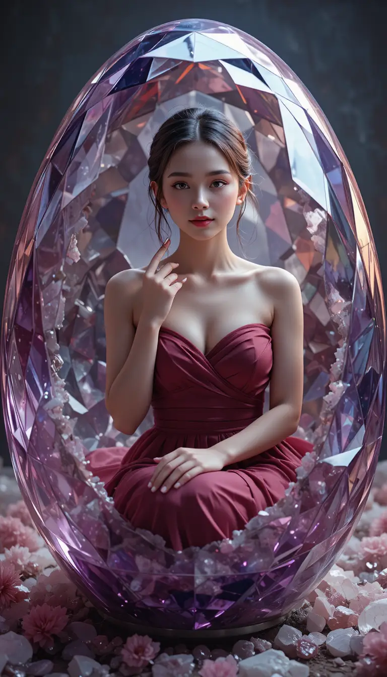 坐在切面紫水晶與紅寶石水晶蛋中的女子