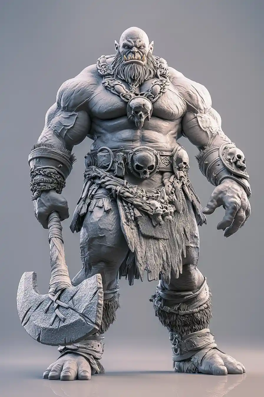 Mächtiger 3D-Orkgeneral mit Schädelrüstung und Axt