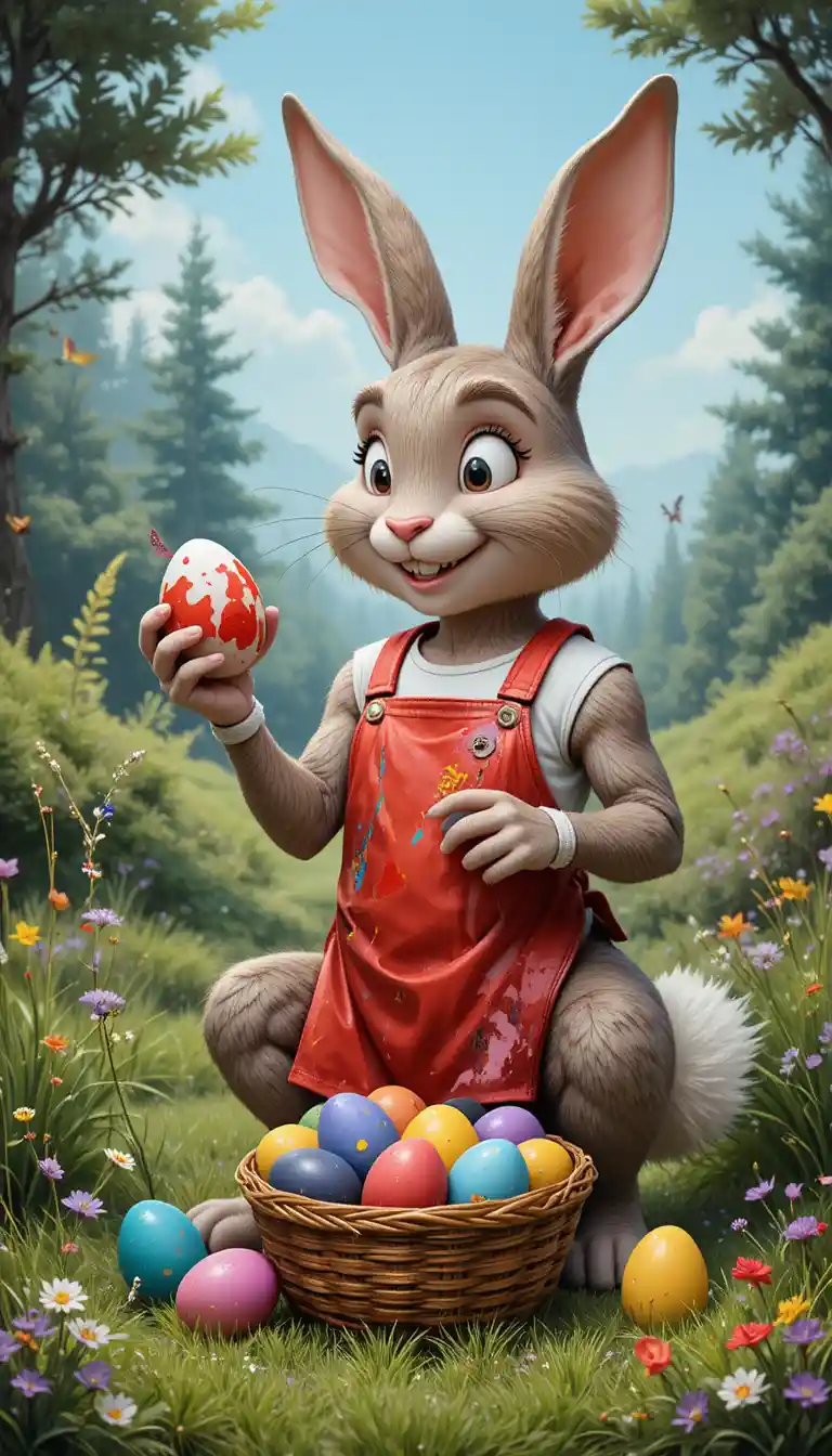 Easter rabbit painting a red egg in a grassy meadow