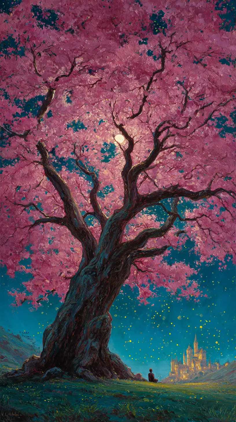 Ancient blossom tree rising toward a starry night sky