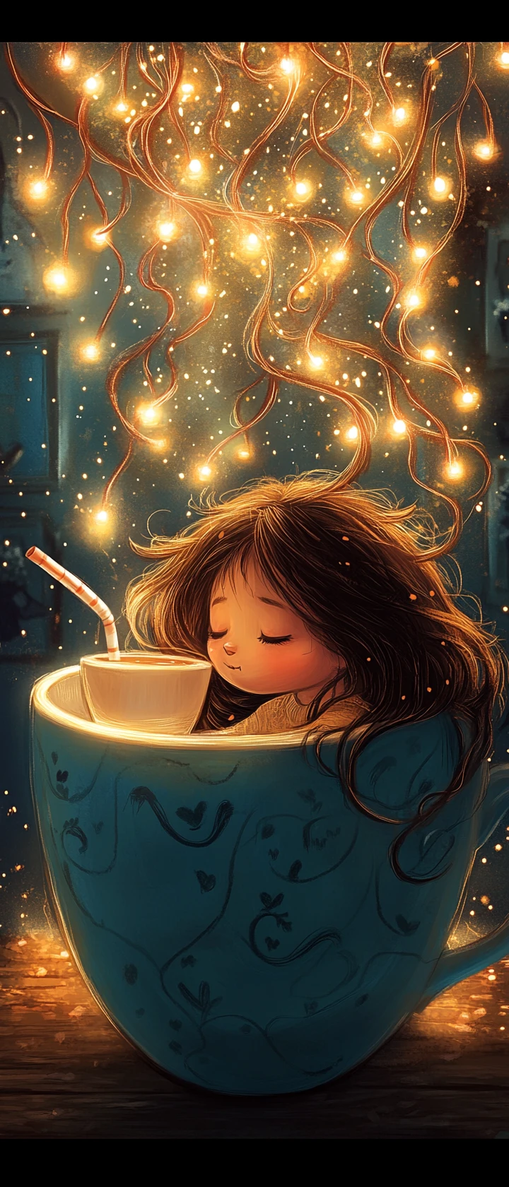 Winziges Mädchen in einer riesigen Kaffeetasse – Illustration