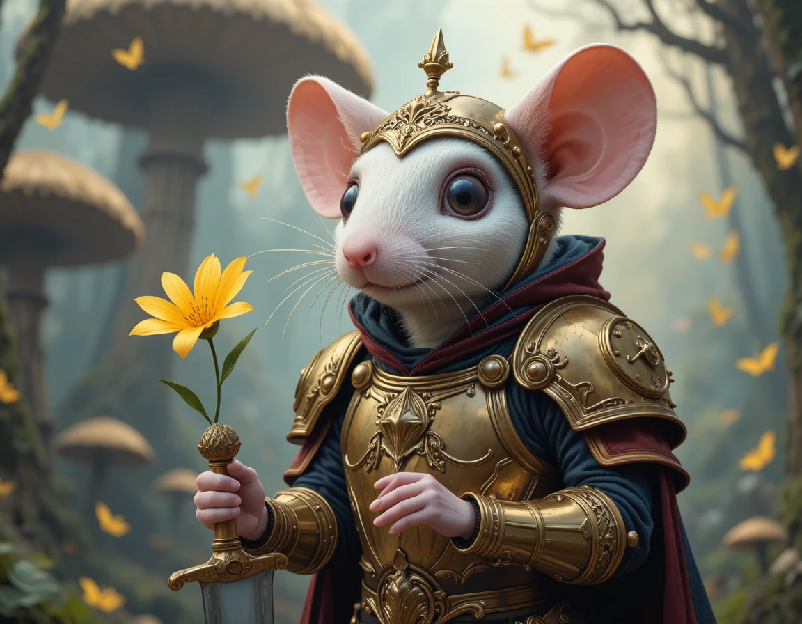 Armored white mouse holding a yellow flower in forest