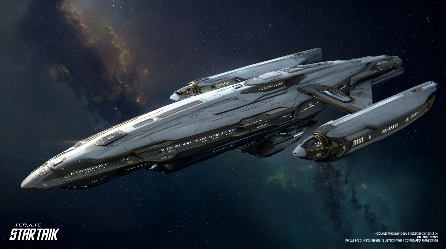 Imensa nave de guerra sci‑fi cruzando o espaço profundo