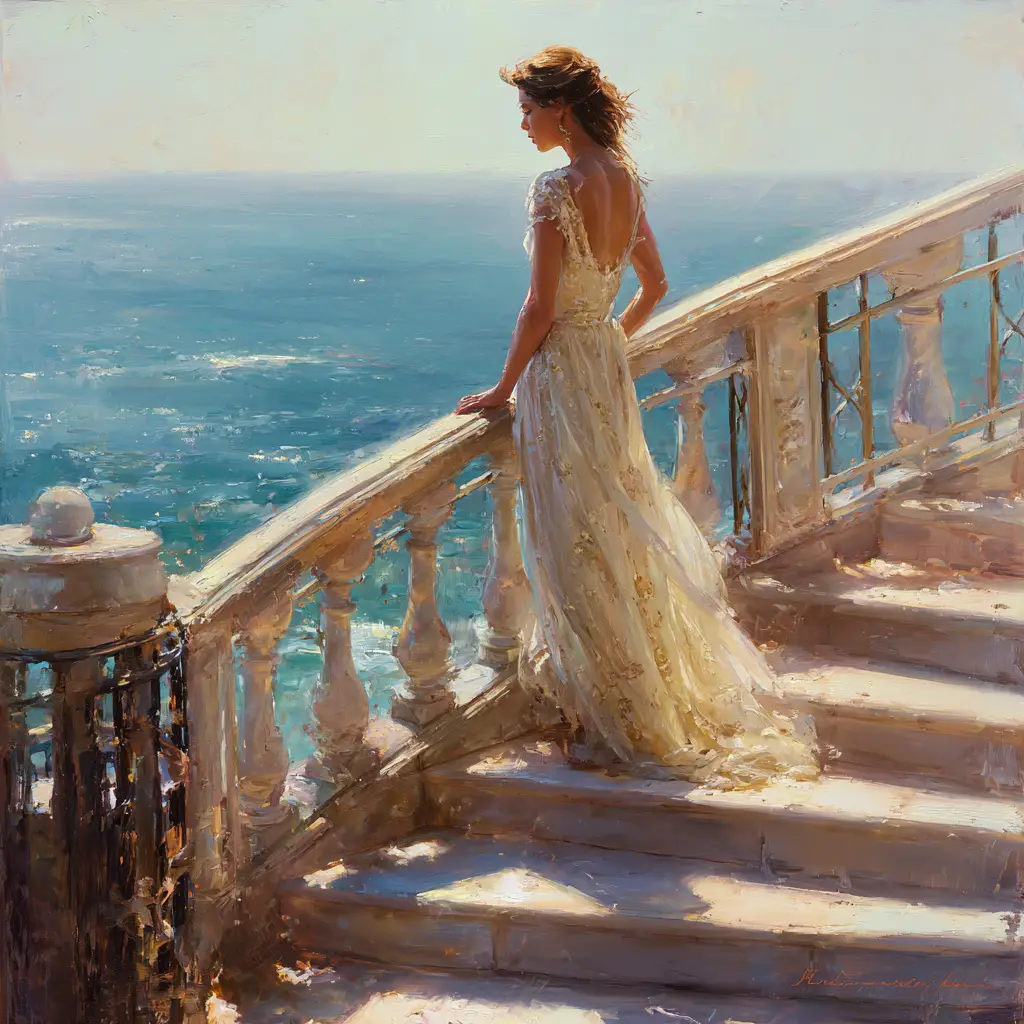 Elegant woman on grand staircase in golden evening light