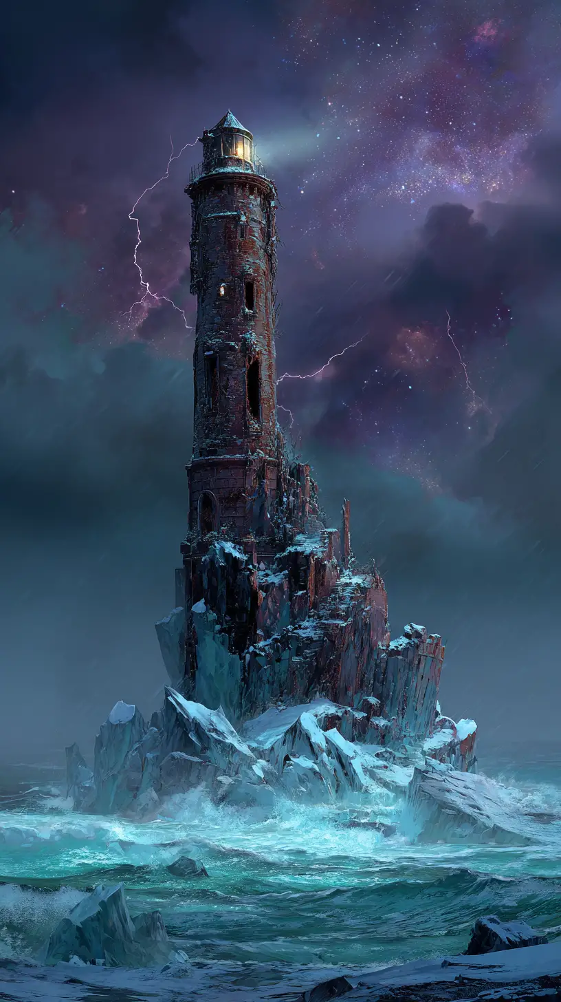 Ancient Lighthouse On Frozen Rocky Island In Stormy Sea