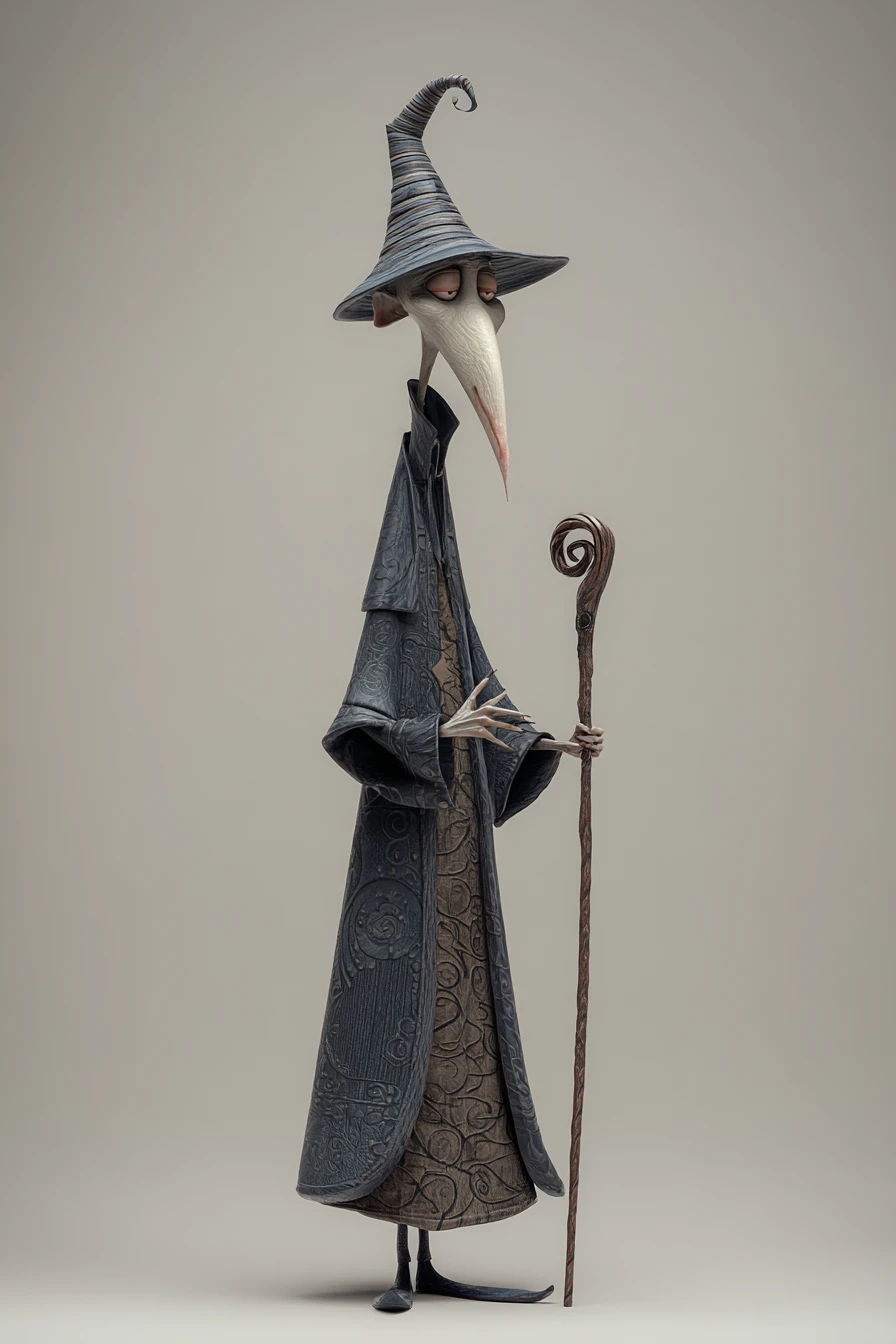 Mago alto y torpe en un peculiar render 3D sobre fondo gris