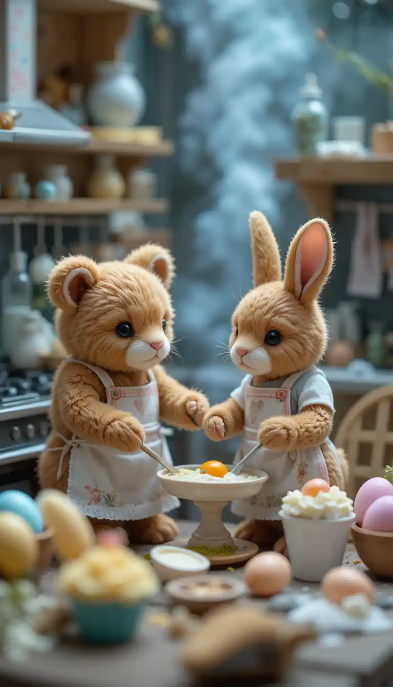 Piccolo orsetto di peluche e coniglio che cucinano in una cucina fiabesca