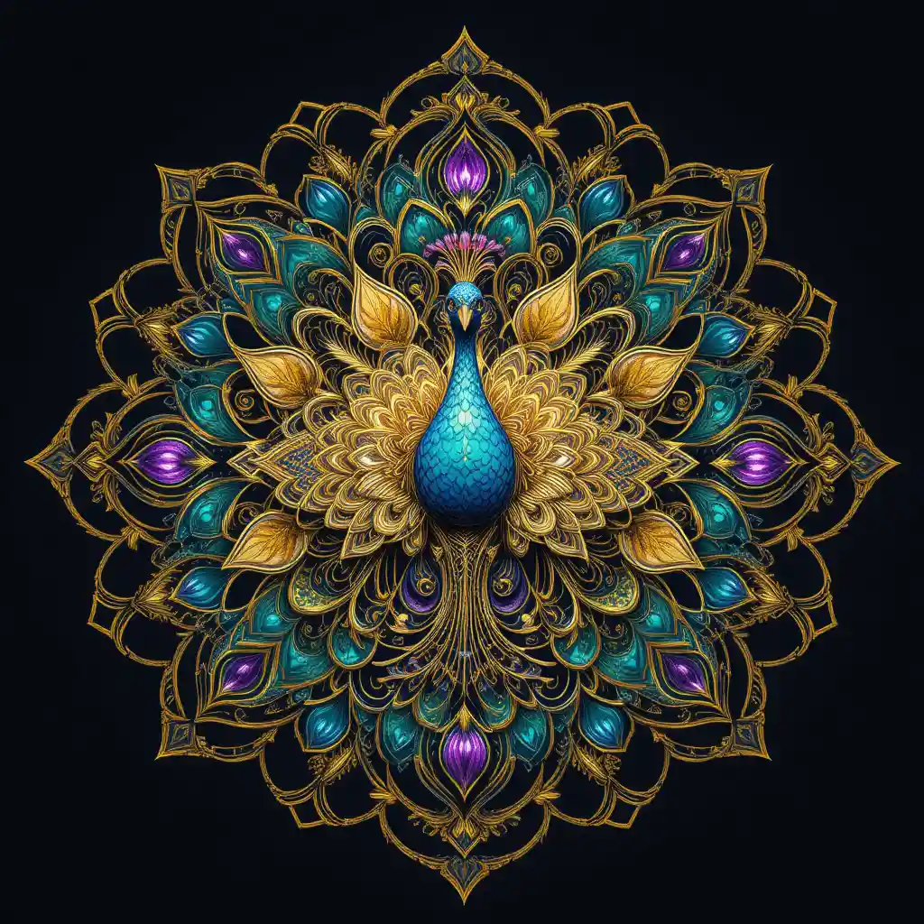 Pavone mandala con radianti motivi geometrici sulle piume