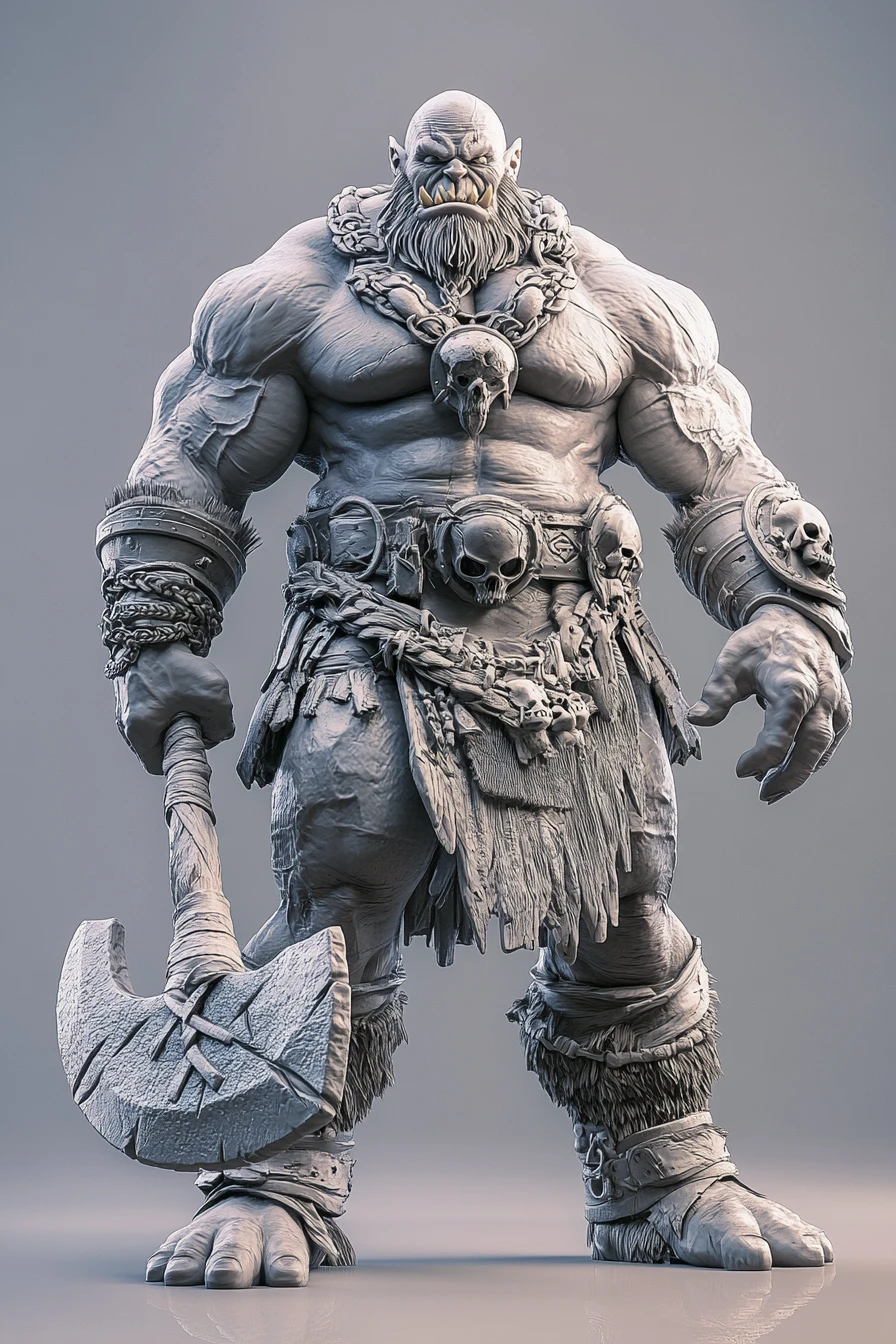 Poderoso general orc 3D com armadura de caveiras e machado