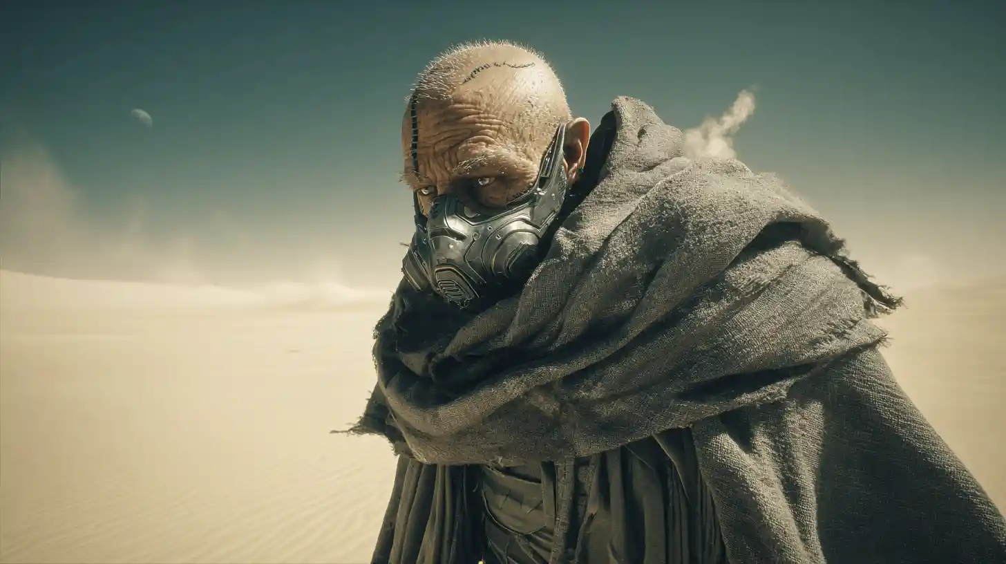Bald cybernetic man in a mask standing in the desert