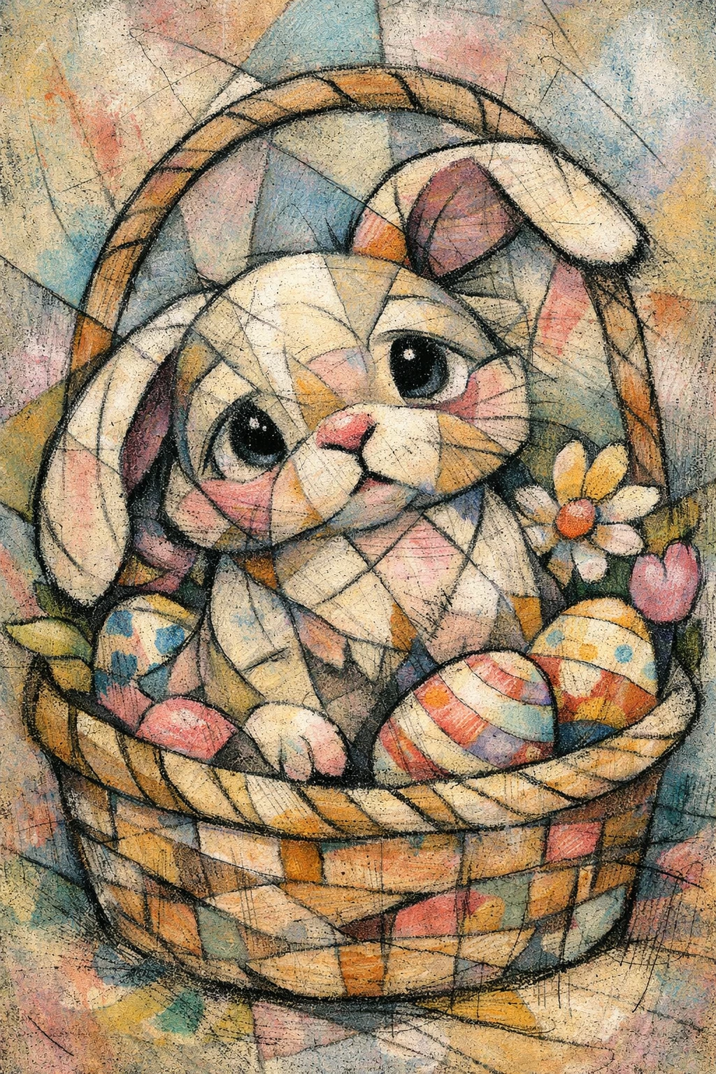 Abstract baby rabbit in a floral Easter basket portrait