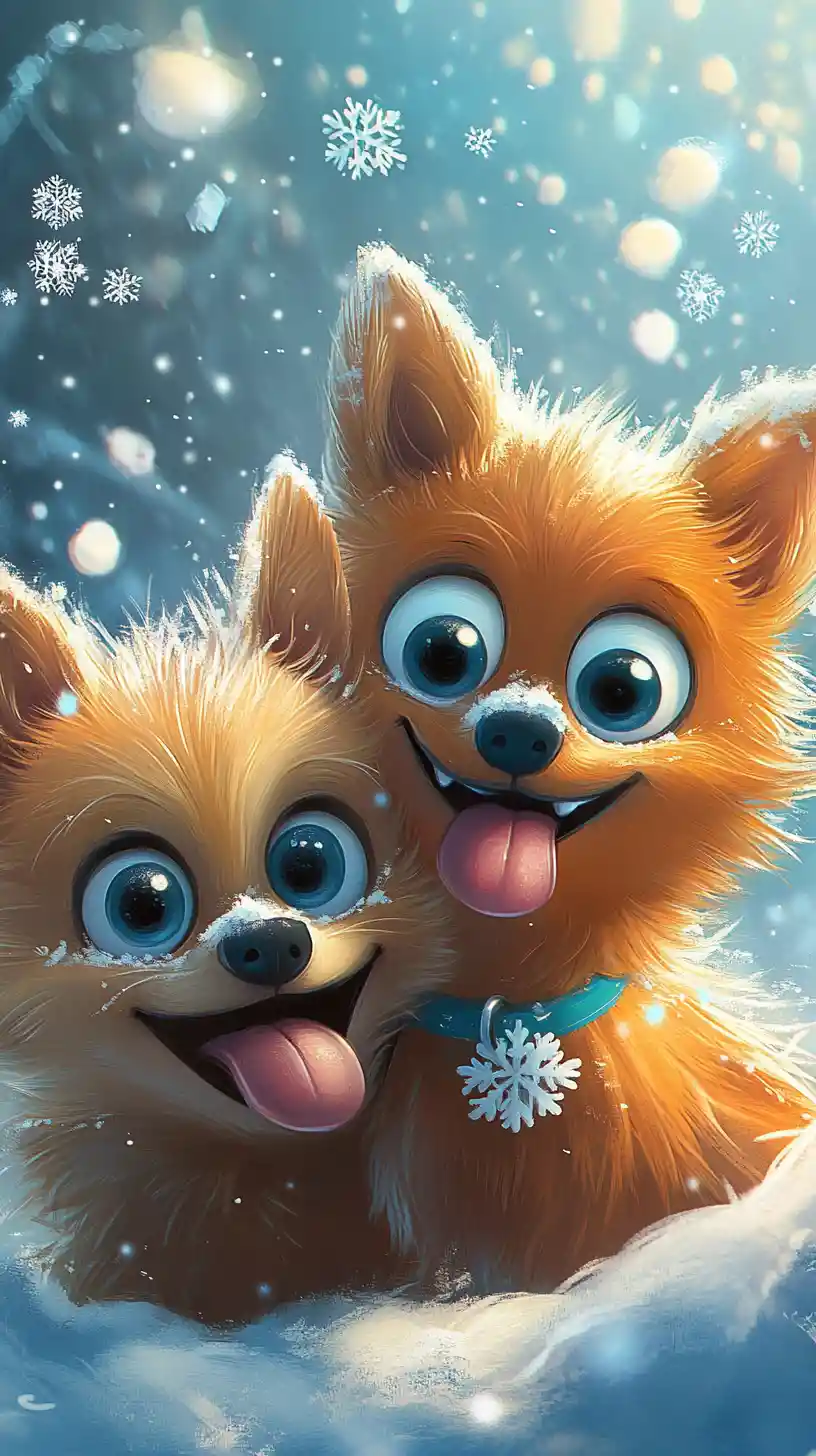 Joyful Cartoon Dogs In Snow With Blue Winter Background
