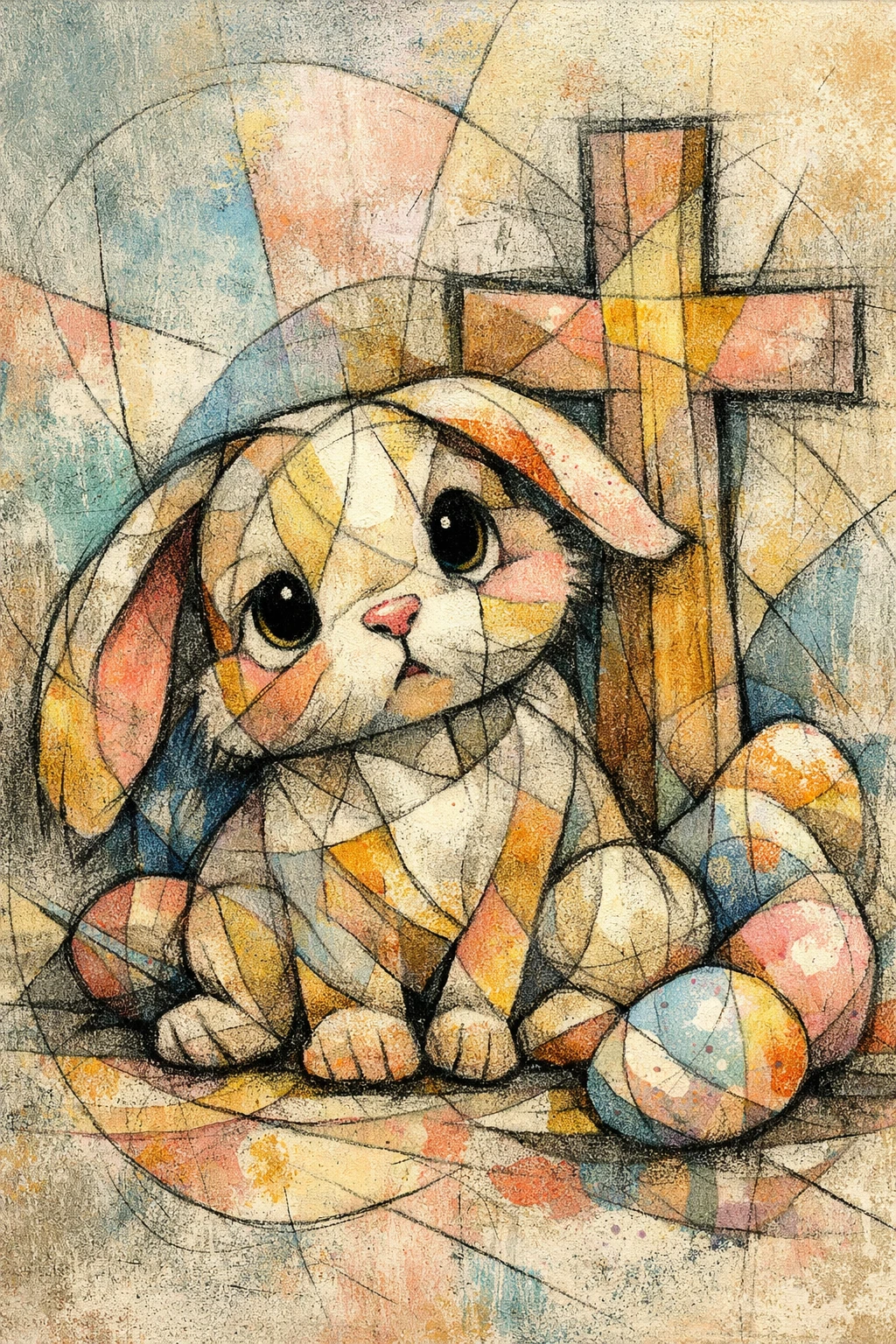 Coniglietto astratto accanto a croce di Pasqua in ritratto pastello