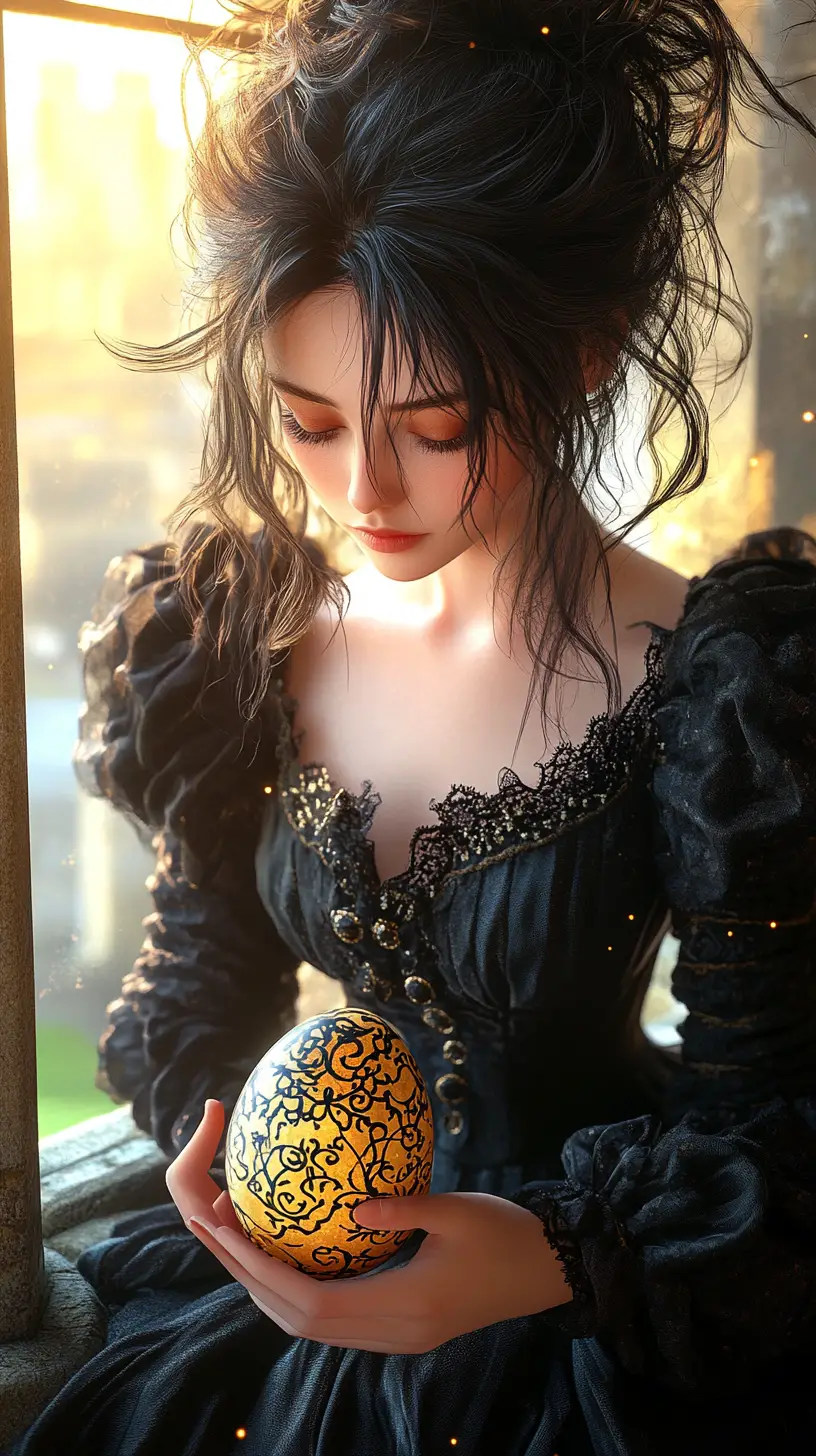 Girl Painting A Golden Easter Egg By A Castle Window