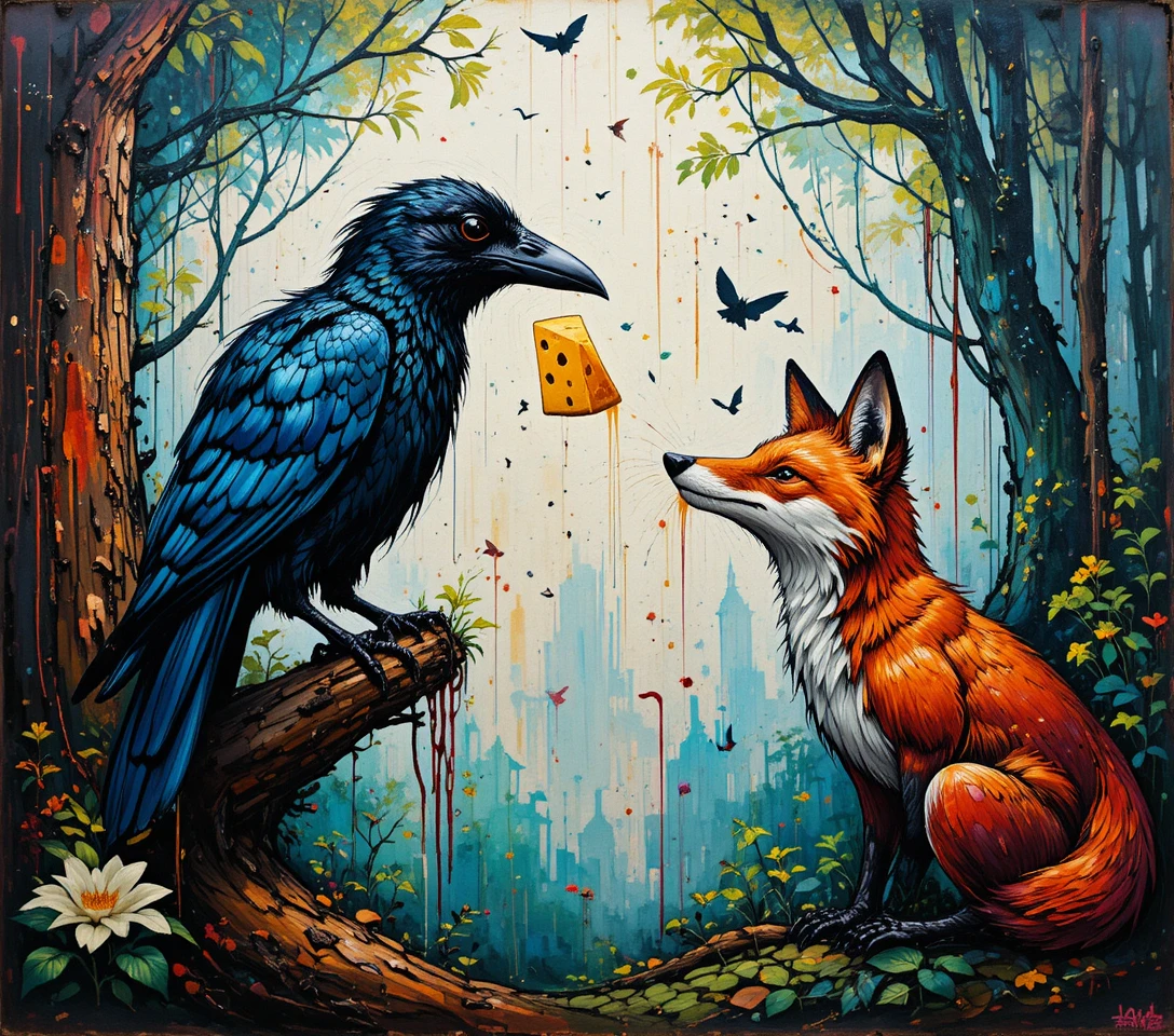 Clever fox complimenting a crow holding cheese