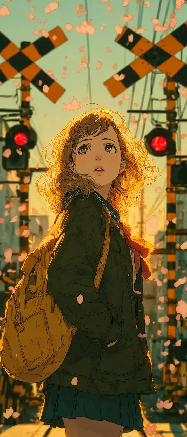 Anime student at railway crossing in warm evening light