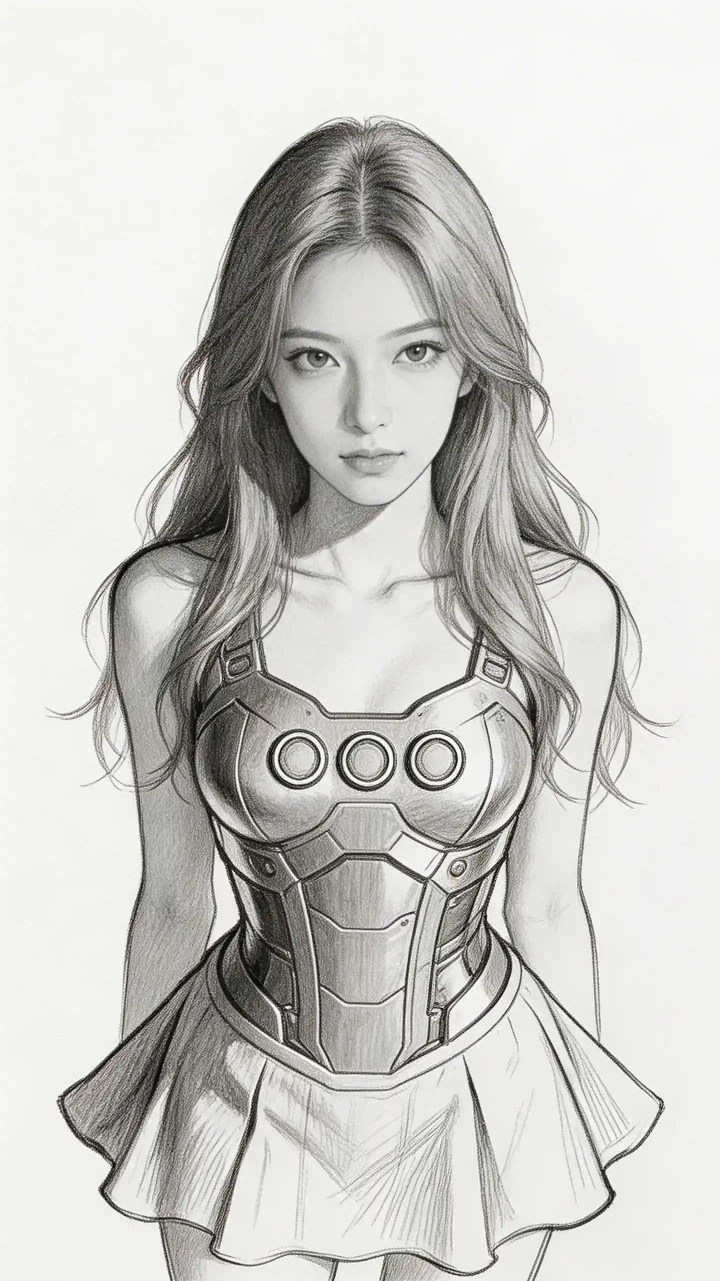 Portrait au crayon d’une fille en armure au regard calme et direct