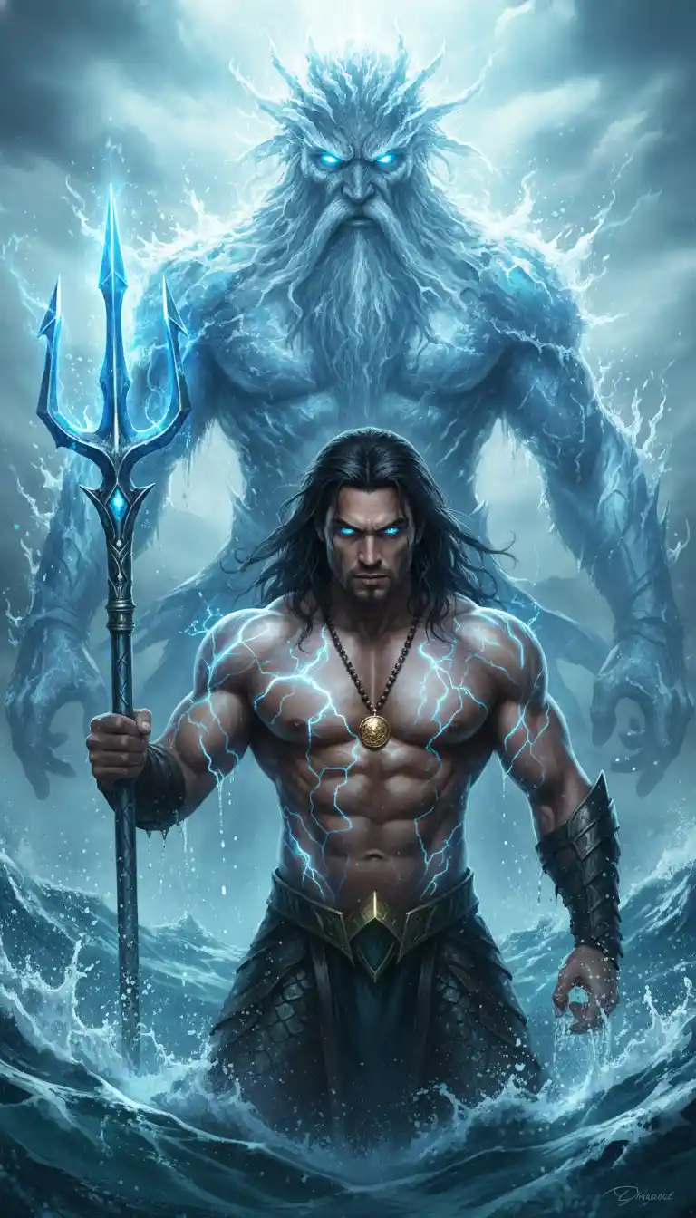 Mythic sea warrior with glowing trident in stormy waves