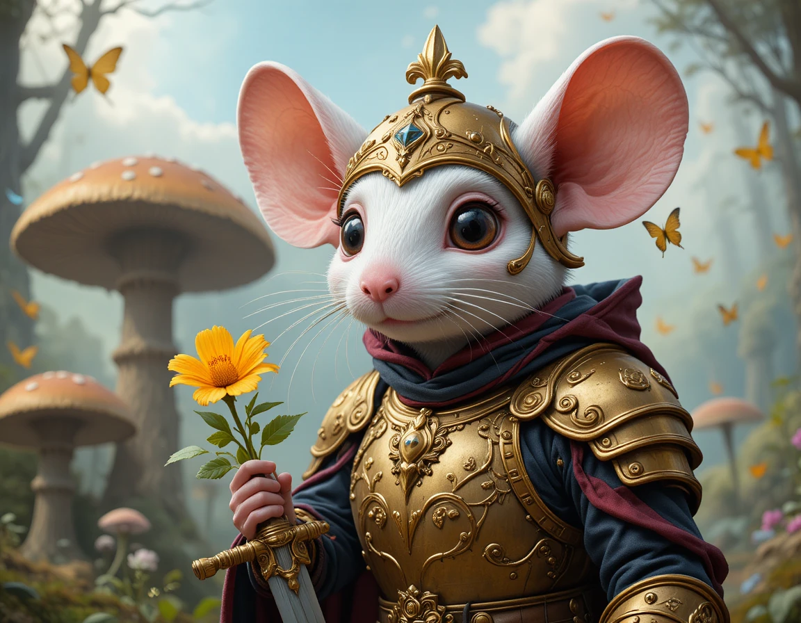 Armored white mouse holding a flower in fantasy forest