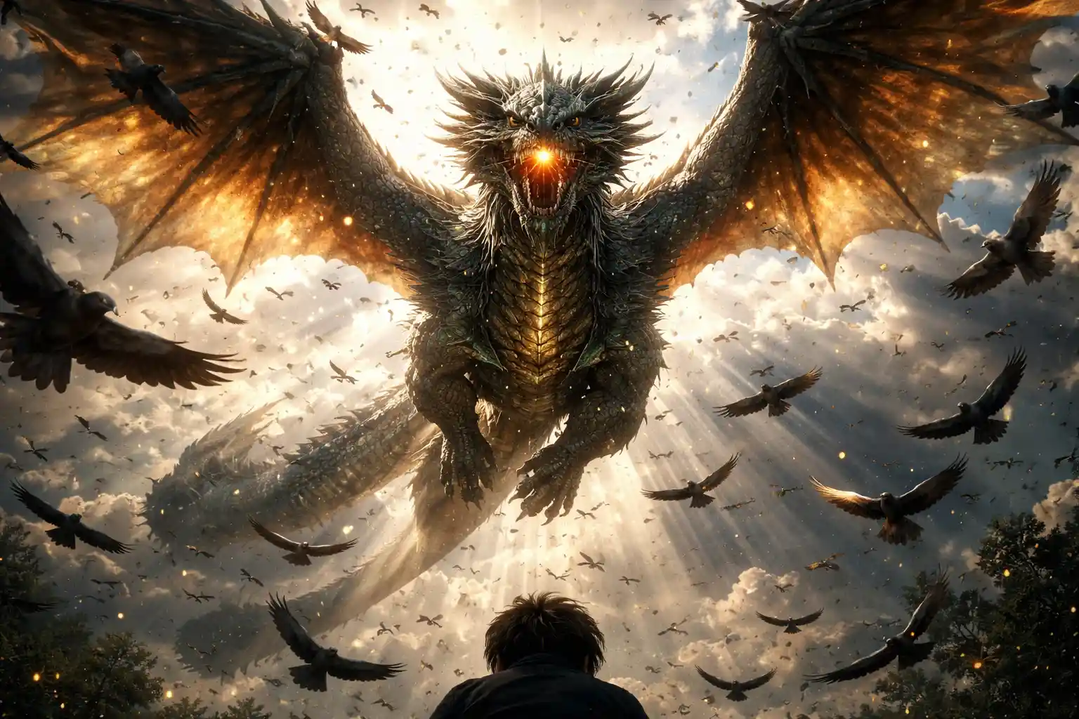 Drago che solca un cielo fantasy surreale